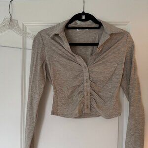 Reformation Beige Longsleeve Collared Rouched Top Size S